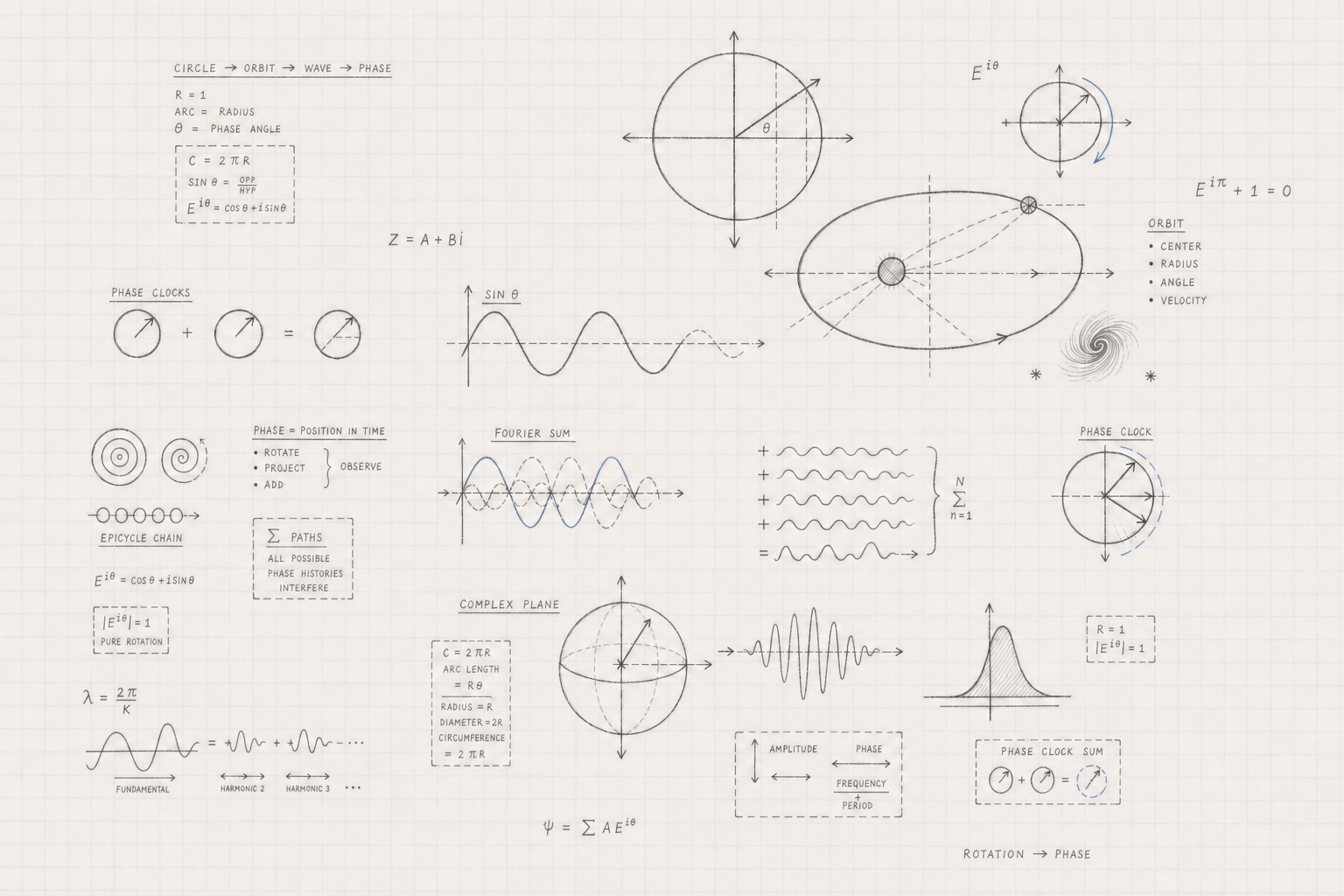 Front-facing graph paper with short all-caps graphite formulas and hand-drawn circle, orbit, wave, phase, epicycle, and Fourier diagrams